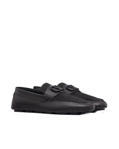 Valentino VLOGO SIGNATURE DRIVING SHOE IN CALFSKIN AND TOILE ICONOGRAPHE TECHNICAL FABRIC