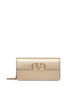 Valentino VLOGO SIGNATURE METALLIC GRAINY CALFSKIN WALLET WITH CHAIN