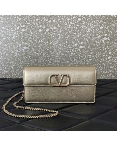 Valentino VLOGO SIGNATURE METALLIC GRAINY CALFSKIN WALLET WITH CHAIN