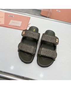 MIU MIU Raffia-effect woven fabric slides