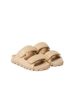 MIU MIU Raffia-effect woven fabric slides