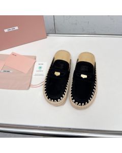 MIU MIU Suede and raffia flatform mules