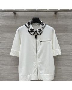 LV Broderie Collar Zip-Up Knit Top 