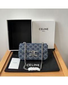 Celine CHAIN SHOULDER BAG CLAUDE IN DENIM WITH TRIOMPHE ALL-OVER