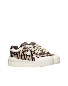 Valentino ONE STUD XL LOW-TOP SNEAKER IN NAPPA LEATHER AND TOILE ICONOGRAPHE FABRIC
