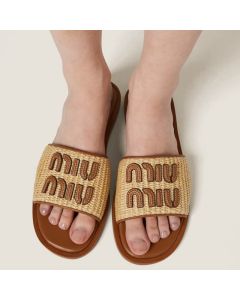 MIU MIU Raffia-effect woven fabric slides