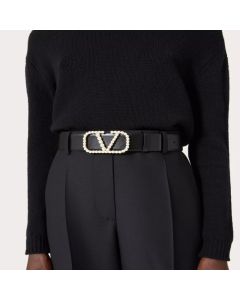Valentino VLOGO SIGNATURE REVERSIBLE BELT IN SHINY CALFSKIN WITH PEARLS