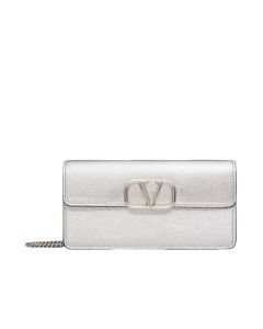 Valentino VLOGO SIGNATURE METALLIC GRAINY CALFSKIN WALLET WITH CHAIN