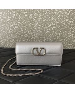 Valentino VLOGO SIGNATURE METALLIC GRAINY CALFSKIN WALLET WITH CHAIN