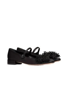 VALENTINO GARAVANI BOWJANE MARY-JANE SATIN BALLERINA WITH FRINGED EMBROIDERY