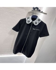 LV Broderie Collar Zip-Up Knit Dress