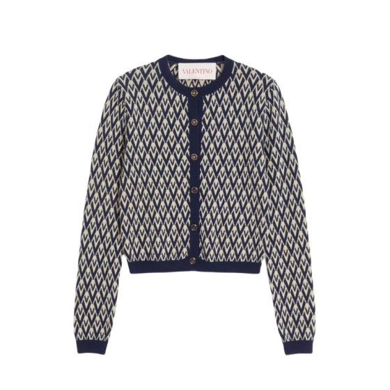Valentino WOOL CARDIGAN WITH TOUTE LA V JACQUARD PATTERN