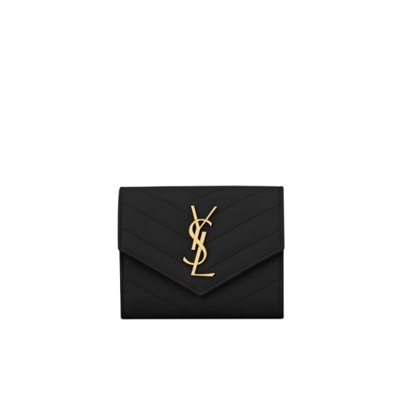 YSL CASSANDRE MATELASSÉ compact tri fold wallet in grain de poudre leather