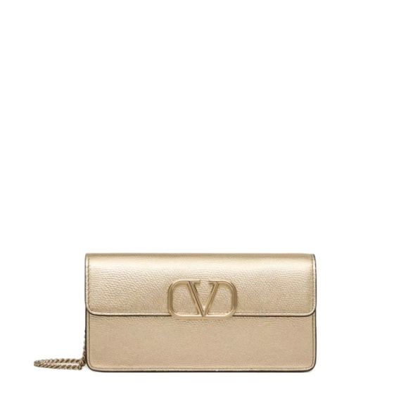 Valentino VLOGO SIGNATURE METALLIC GRAINY CALFSKIN WALLET WITH CHAIN