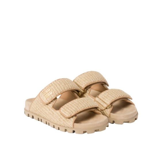 MIU MIU Raffia-effect woven fabric slides