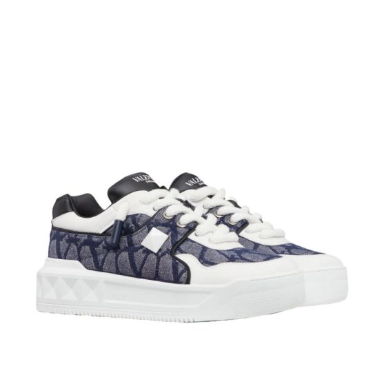 Valentino ONE STUD XL LOW-TOP SNEAKER IN DENIM-EFFECT TOILE ICONOGRAPHE JACQUARD FABRIC