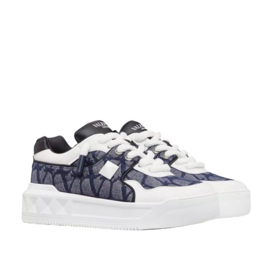 Valentino ONE STUD XL LOW-TOP SNEAKER IN DENIM-EFFECT TOILE ICONOGRAPHE JACQUARD FABRIC