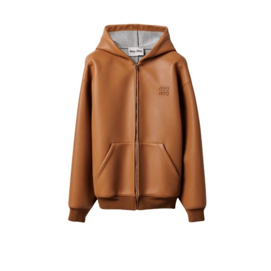 MIU MIU Nappa leather and bonded jersey hoodie jacket