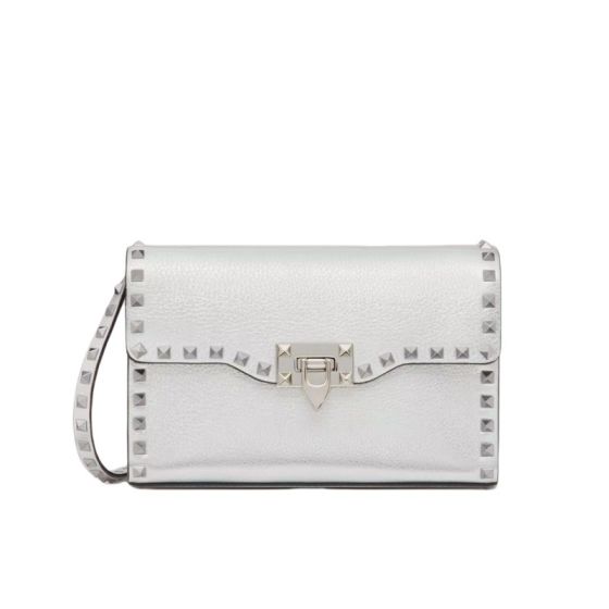 Valentino SMALL ROCKSTUD GRAINY METALLIC CALFSKIN CROSSBODY BAG