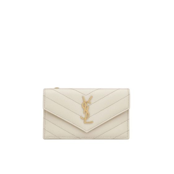 YSL Cassandra matelassé compact tri fold wallet in grain de poudre leather