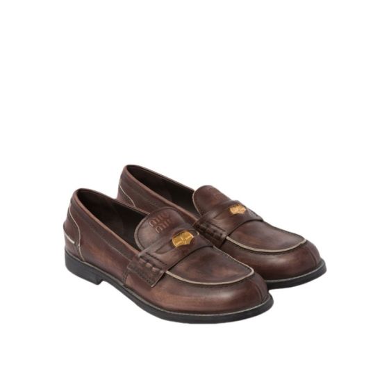 MIU MIU Vintage-effect leather penny loafers