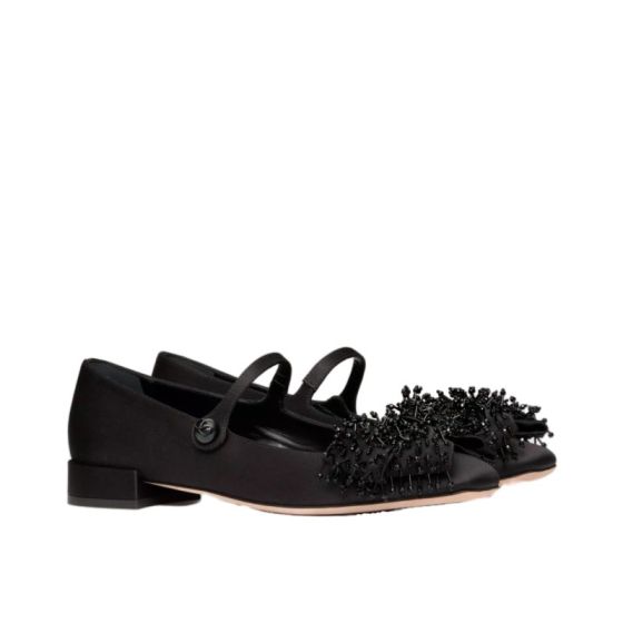 VALENTINO GARAVANI BOWJANE MARY-JANE SATIN BALLERINA WITH FRINGED EMBROIDERY
