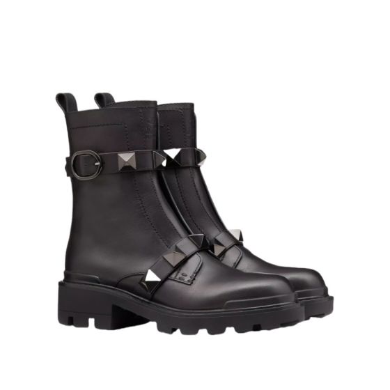 Valentino ROMAN STUD CALFSKIN COMBAT BOOT WITH TONAL STUDS