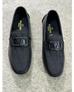 Valentino VLOGO SIGNATURE DRIVING SHOE IN CALFSKIN AND TOILE ICONOGRAPHE TECHNICAL FABRIC