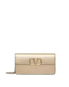 Valentino VLOGO SIGNATURE METALLIC GRAINY CALFSKIN WALLET WITH CHAIN