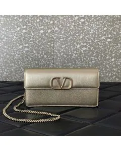 Valentino VLOGO SIGNATURE METALLIC GRAINY CALFSKIN WALLET WITH CHAIN