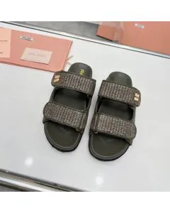 MIU MIU Raffia-effect woven fabric slides
