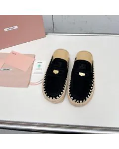 MIU MIU Suede and raffia flatform mules