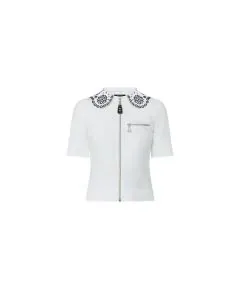 LV Broderie Collar Zip-Up Knit Top 