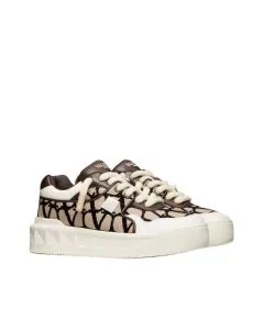 Valentino ONE STUD XL LOW-TOP SNEAKER IN NAPPA LEATHER AND TOILE ICONOGRAPHE FABRIC