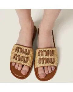 MIU MIU Raffia-effect woven fabric slides