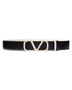 Valentino VLOGO SIGNATURE REVERSIBLE BELT IN SHINY CALFSKIN WITH PEARLS