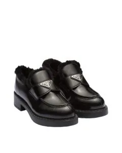 Prada Chocolate brushed leather and shearling loafers