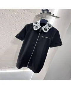 LV Broderie Collar Zip-Up Knit Dress